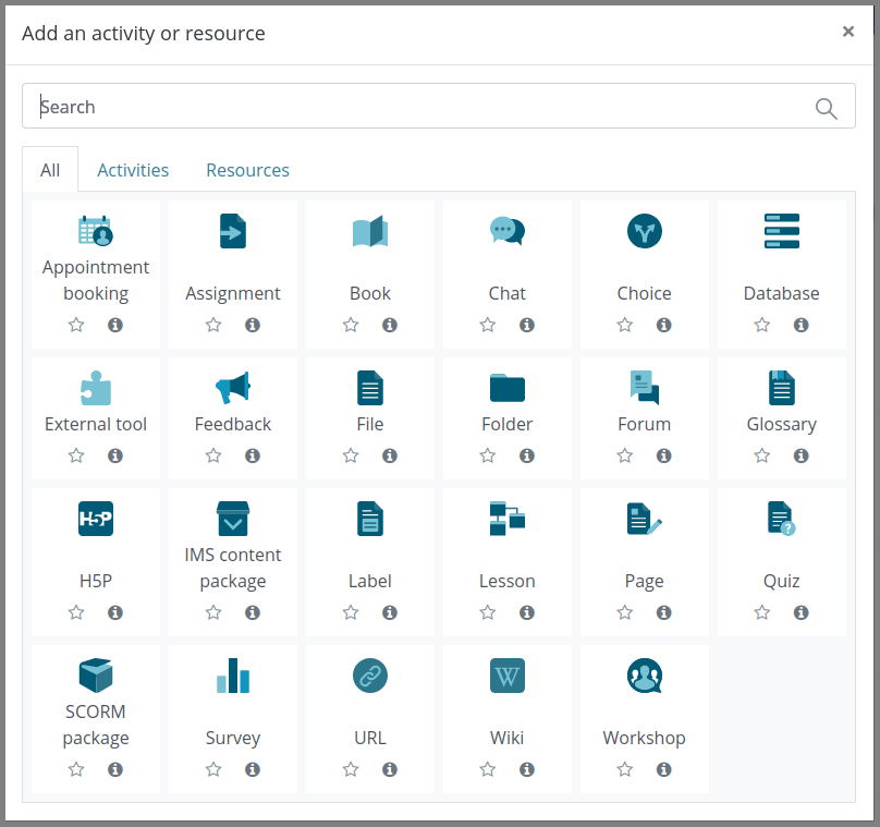 Moodle 3.9 Activity Chooser screenshot