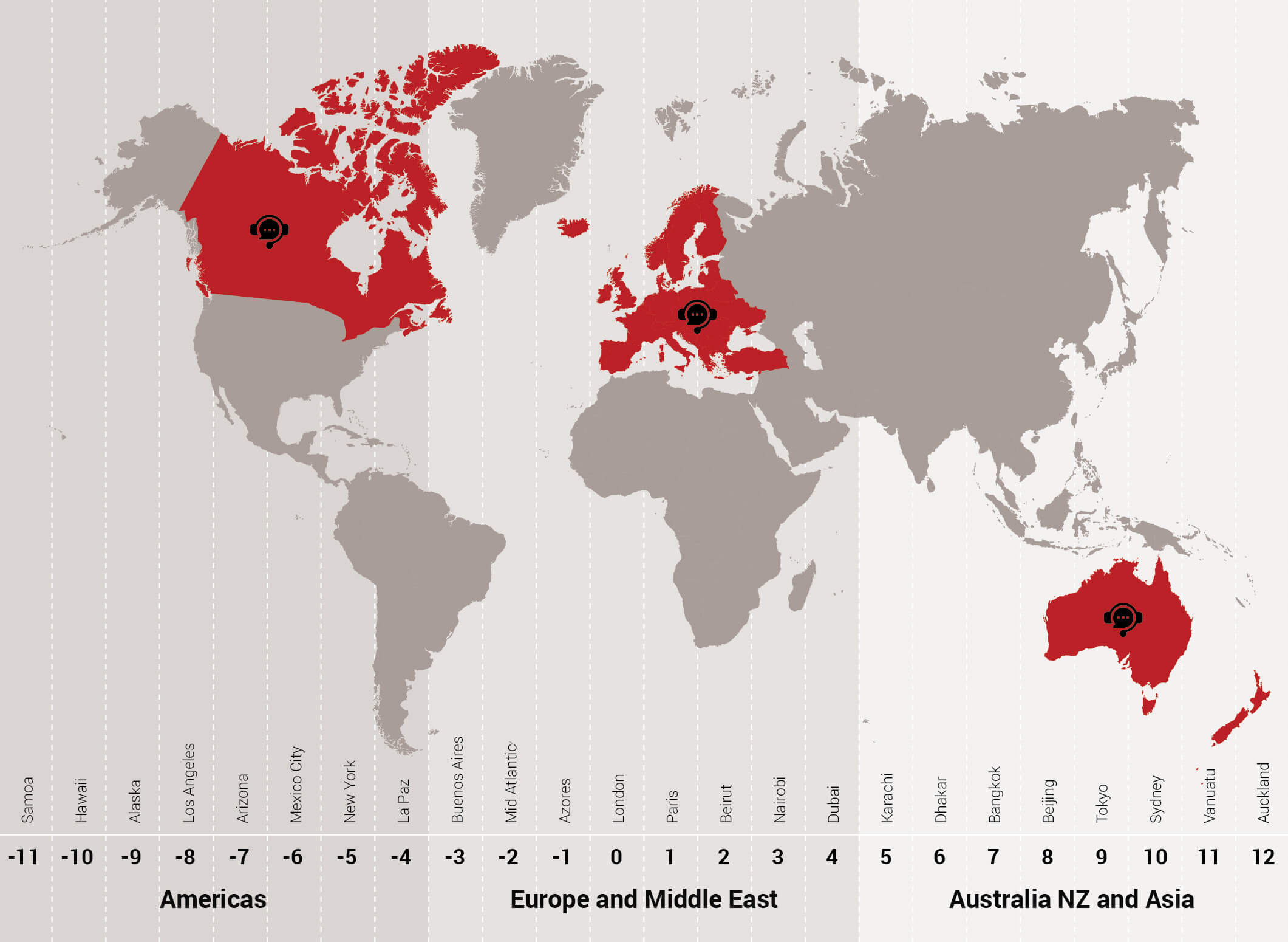 a world map showing Catalyst IT multi-region presence to support follow the sun services