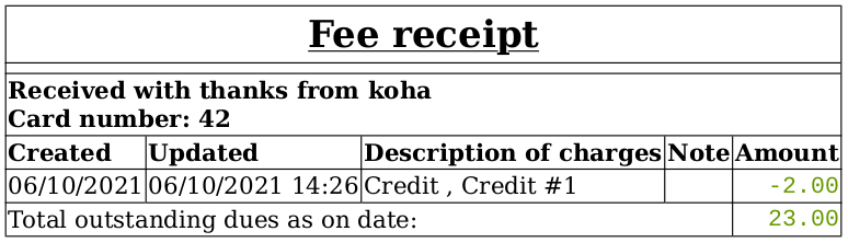 Fee receipt for library fines