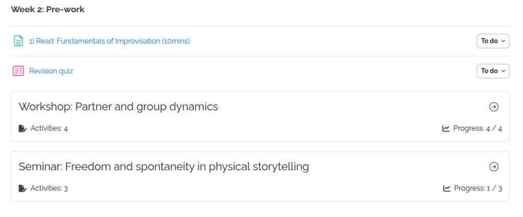 L'image montre comment un cours a utilisé des sous-sections pour diviser le contenu en activités d'ateliers pratiques, puis en un séminaire de suivi.