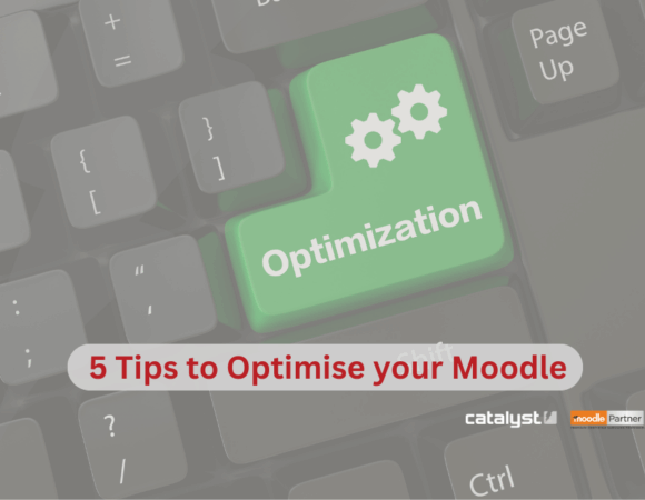 Text reads, 5 Tips to Optimise your Moodle. The background is a faded image of a green 