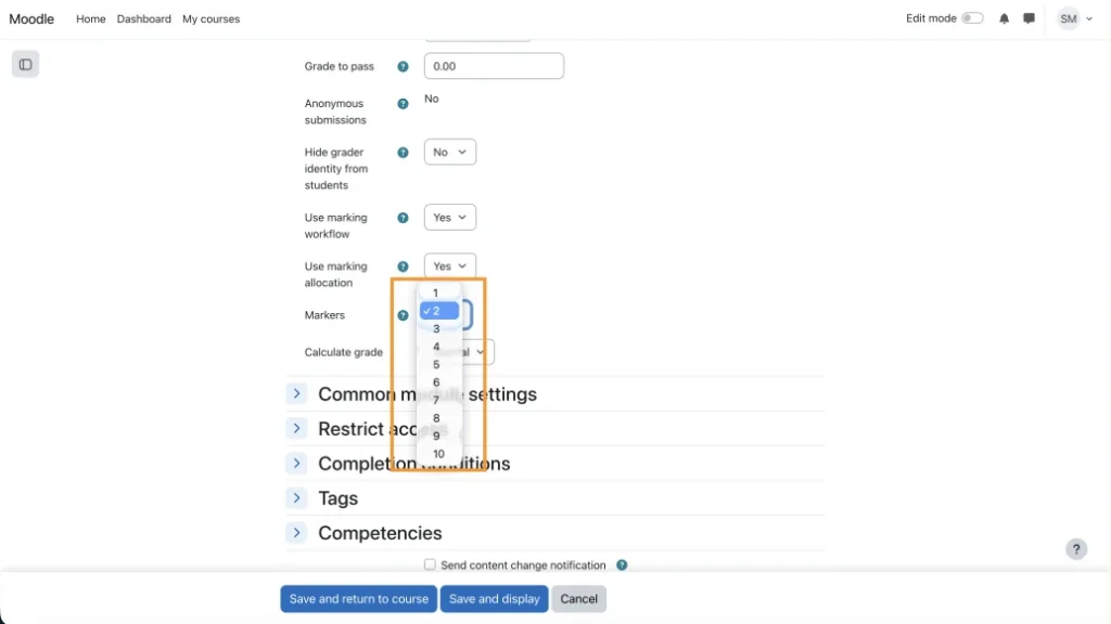 Assignment settings showing number of markers being set to 2