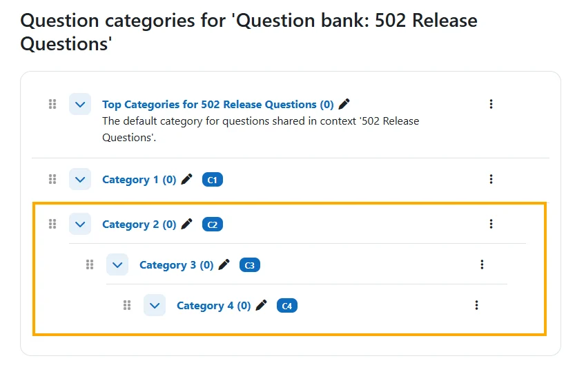 Question bank categories collapsed and expanded