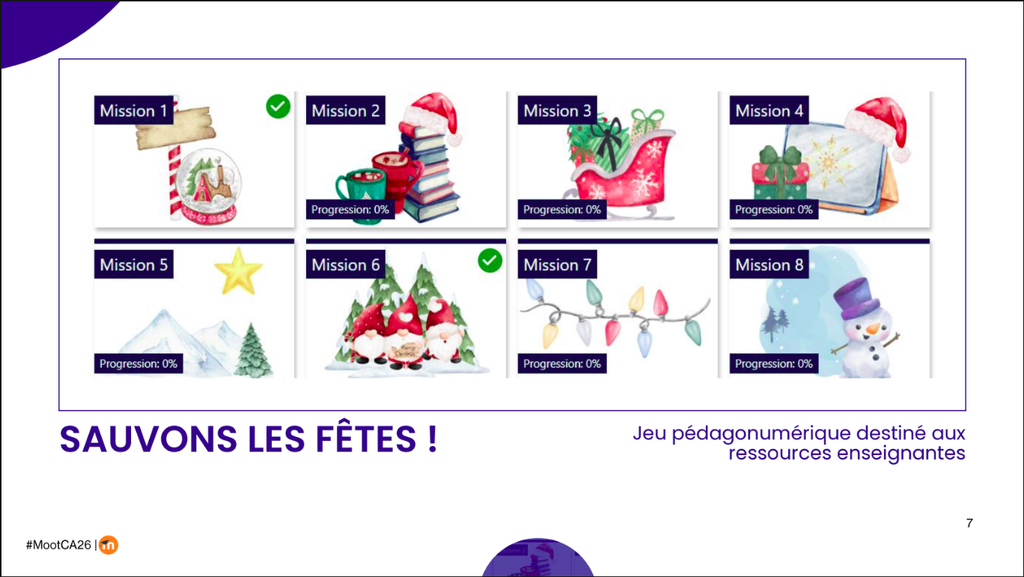 Image of a slide from Emilie Ringuet's presentation at MoodleMoot Canada 2026. The slide shows different holiday-themed images (presents, hot cocoa, twinkling lights, etc.). Text in French translates to "Save the Holidays!"