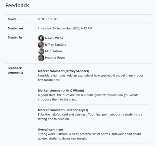 Student view of assignment feedback, with a comment from each marker and the overall comment